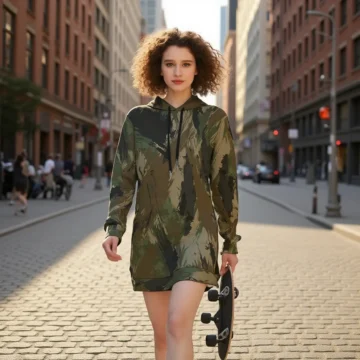CrazyWear Women's Long Camo Print Hoodie with Kangaroo Pocket