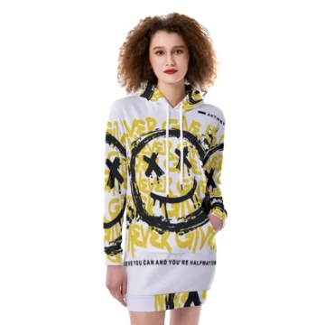 CrazyWear Women's Heavy Fleece Long Hoodie with All-Over Smiley Print