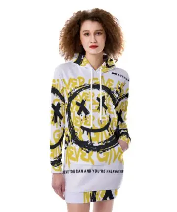 CrazyWear Women's Heavy Fleece Long Hoodie with All-Over Smiley Print