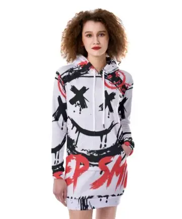 CrazyWear Women's Heavy Fleece Long Hoodie with All-Over Smiley Print