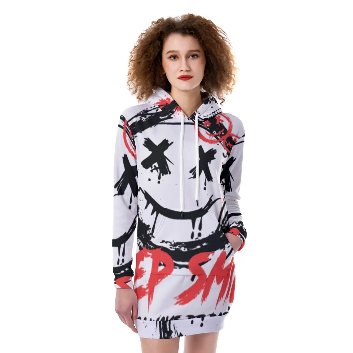 CrazyWear Women's Heavy Fleece Long Hoodie with All-Over Smiley Print