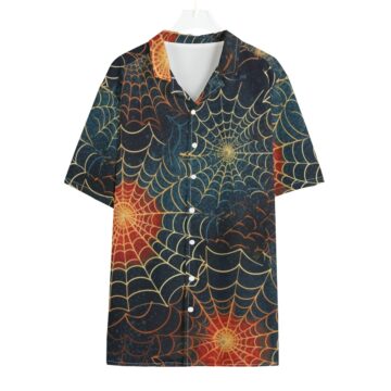 A short-sleeved button-down shirt with a golden spiderweb pattern.