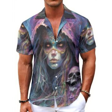 CrazyWear Men's a short-sleeved button-down shirt with a striking, gothic-fantasy design.