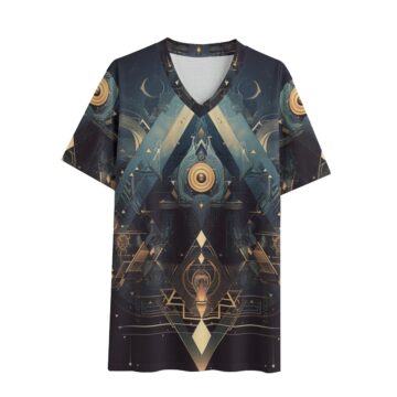 Eco-friendly stylized men's V-neck T-shirt eye motif, repeated and layered amidst triangles, diamonds, and crescent moons.