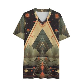 A V-neck t-shirt with a symmetrical, surreal landscape Eco-friendly All-over Print Unisex