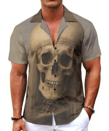 CrazyWear Men's Hawaiian Shirt with All-Over BIG SCARY SKULL Print, Lightweight Breathable Fabric
